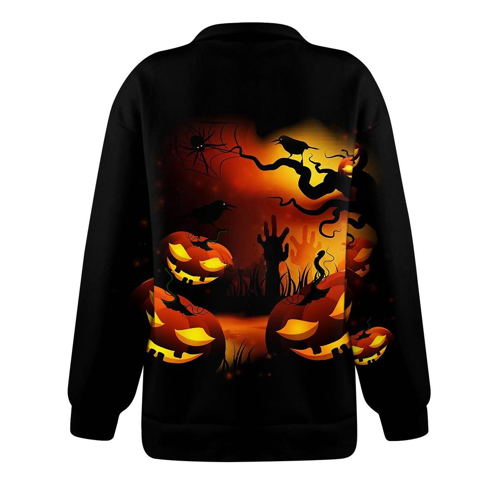 Women's Fashion Casual Long Sleeve Halloween Printed Zipper Turtleneck Drop Shoulder Sweatshirt Top