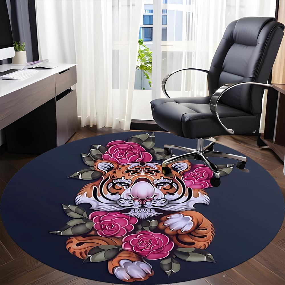 1PC Tiger Roses Office Round Rug, Non slip, Soft and Durable Office Rug for Interior Decoration, Perfect for Office