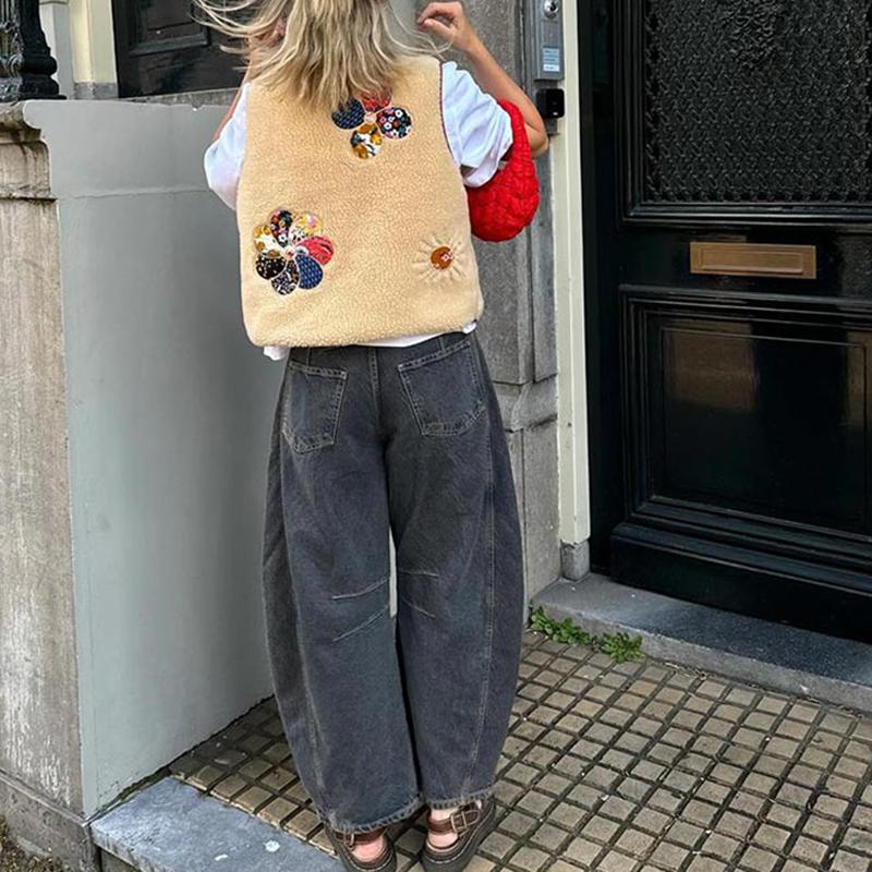 Женский повседневный жилет из овечьей шерсти с принтом, V-образным вырезом, без рукавов, с роговыми пуговицами, карманами, майками, осенний винтажный уличный жилет