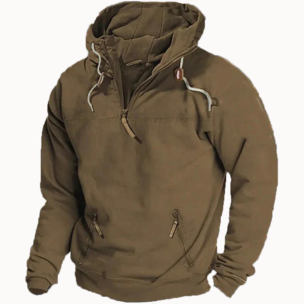 Spring Autumn Mens Solid Vintage Hooded Sweatshirt Sports Tactical Hoodies Half Zip Tracksuit Casual Sweatshirts Male Coats
