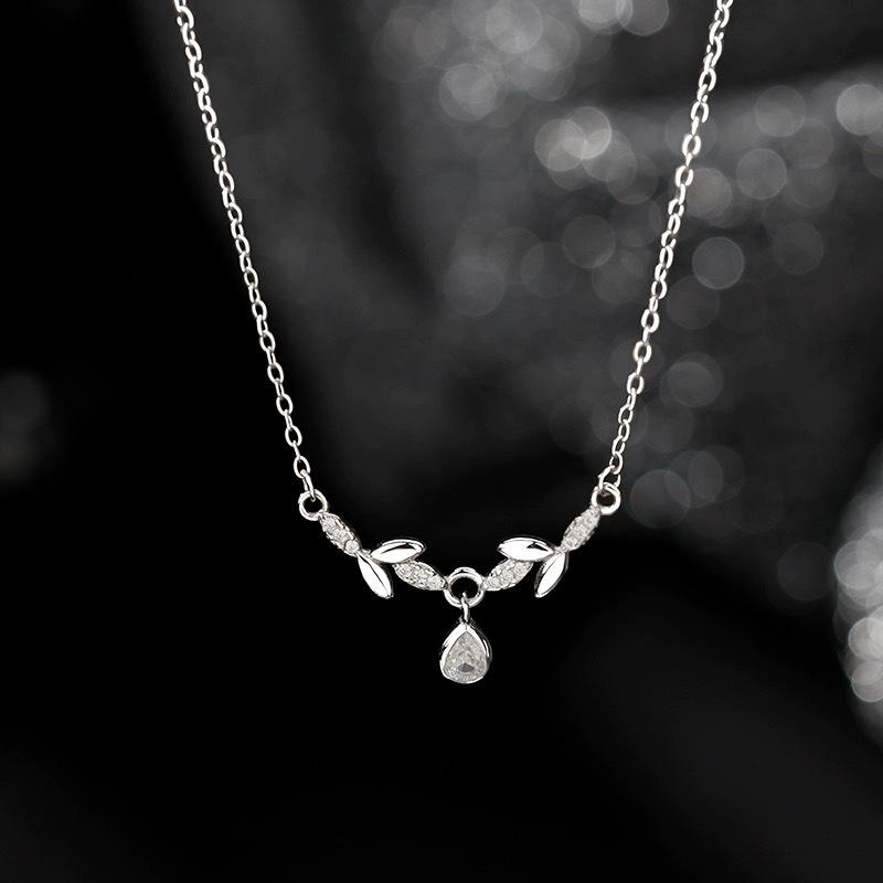S999 Pure Silver Wheat Leaf Water Drop Pendant Necklace for Women Niche Design Clavicle Chain Neck Chain