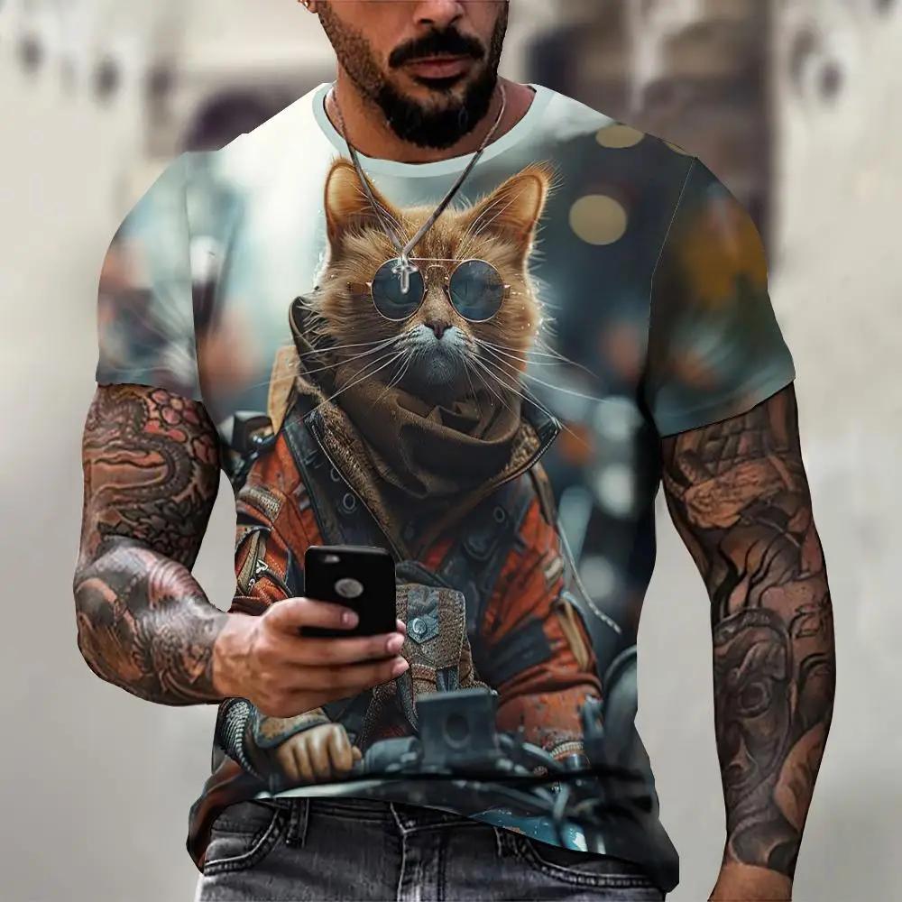 Мужская 3D-печатная футболка Милый рисунок кота Короткий рукав Круглый вырез Пуловер Повседневный топ