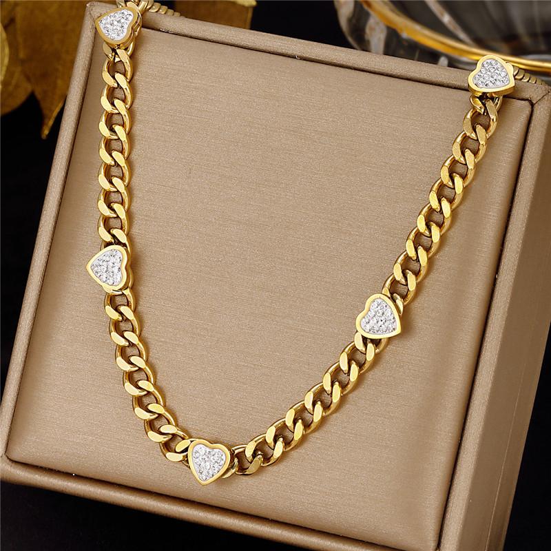 Набор украшений из нержавеющей стали 316L: Позолоченная кубинская цепь-колье и браслет со вставками из кубического циркония в форме сердца