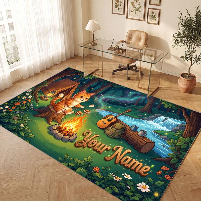 Cat Theme Crystal Velvet Floor Rug Personalized Custom Name Text Warm Carpet Home Decoration