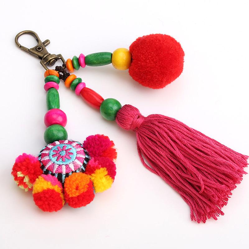 Flower Charms Keychains Pompom Tassels Colorful Pendant Keyring Women 1pc Multicolor Beads Accessories Jewelry Boho Style