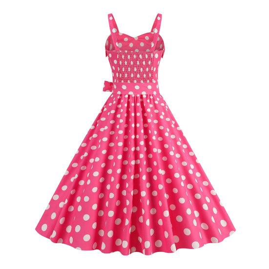 Women Vintage Dress 50s Retro A-line Big Swing Sleeveless Dot Print Contrast Color Elastic Bust High Tight Waist Backless