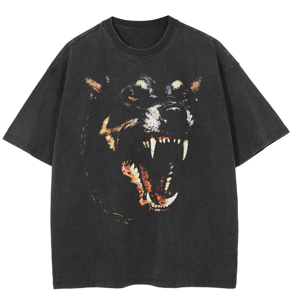 Streetwear Vicious Dog Unisex Cotton Washed Black Tshirt Tops Tees Summer Short Sleeves T Shirt