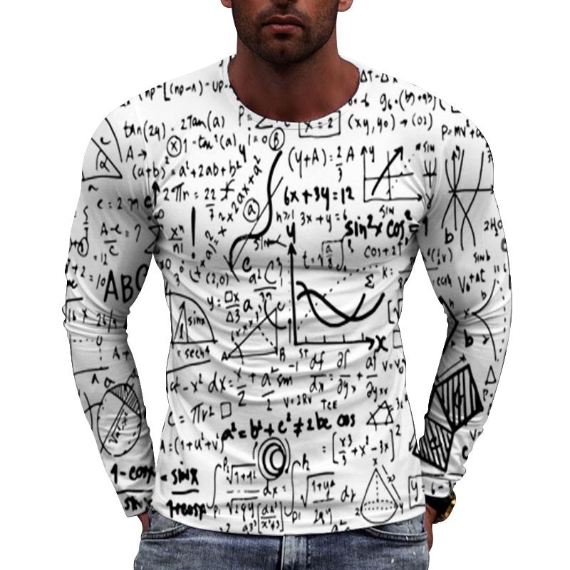 Fun Mathematical Formula Pattern Men's Long Sleeved Casual T-shirts - Soft Medium Stretch Polyester Fabric Spring and Autumn Relaxed Fit Clothing