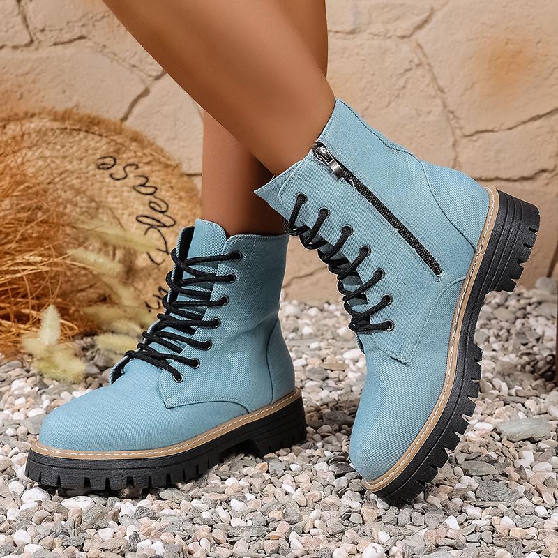 Модные светло-голубые джинсовые ботильоны на платформе для женщин, шнуровка, нескользящие ботинки в стиле милитари, женские осенне-зимние модные короткие ботинки, большие размеры