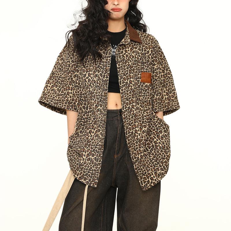 Unisex Vintage Leopard Print Polo Collar Short Sleeve Street Jacket