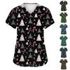 Women's Fashion Short Sleeve Christmas Print V-Neck Pocket Workwear Tops