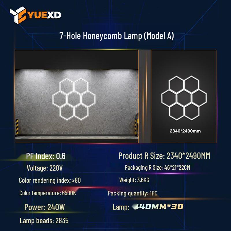 RGB Honeycomb LED Hexagonal Garage Light 110V - Wide Voltage for Car Wash and Workstation