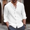 Men Stand Collar 7 Buttons Up Shirts White Black Blue Solid Long Sleeve Shirt Vintage Cotton Plus Size Tops