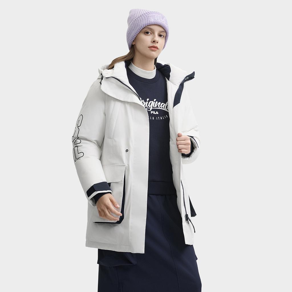 Fila Original Warm Mid-Length Hooded Long Sleeve Down Jacket Women Outerwear Cloud-Mushroom-White F11W449909FWT