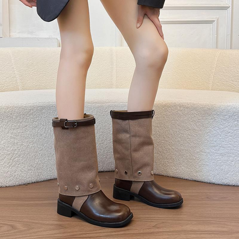 Two wear retro-style color matching belt buckle stacking boots women's autumn and winter new wide-tube knight boots versatile fashion boots