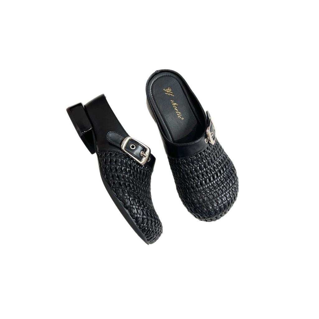 Sheepskin Version~ Inner Heightening Women's Shoes Woven Hollow Thick Heel Muller Shoes 2025 Summer New Models Not Tired Feet Cool Slippers