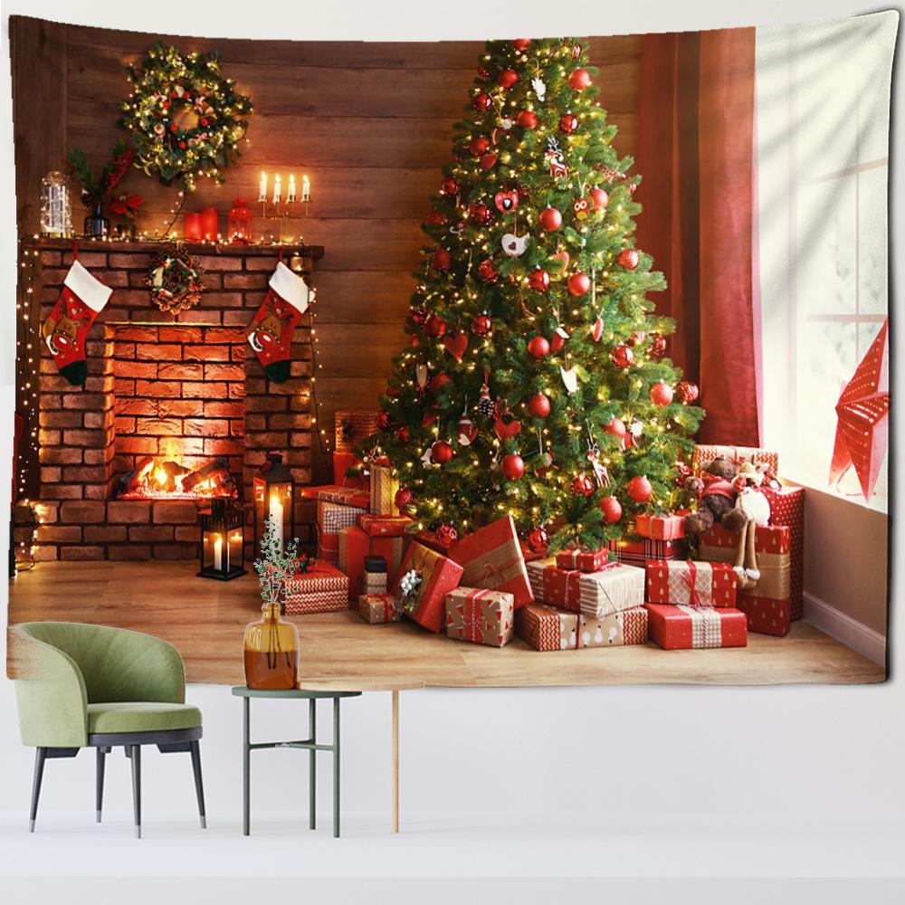 Рождественская елка камин гобелен настенный колдовство психоделический подарок носки новогодняя комната хиппи домашний декор