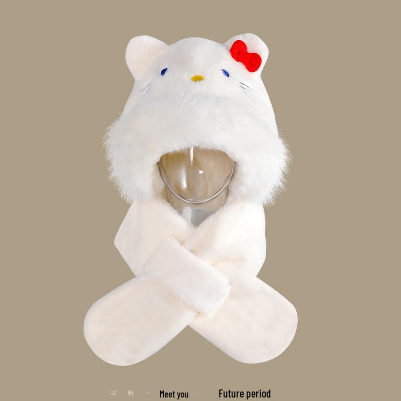 Women's Cozy Fox Ear Plush Hat with Integrated Scarf - Warm, Soft Lei Feng Design for Autumn and Winter. Perfect Ear Protection for Students.