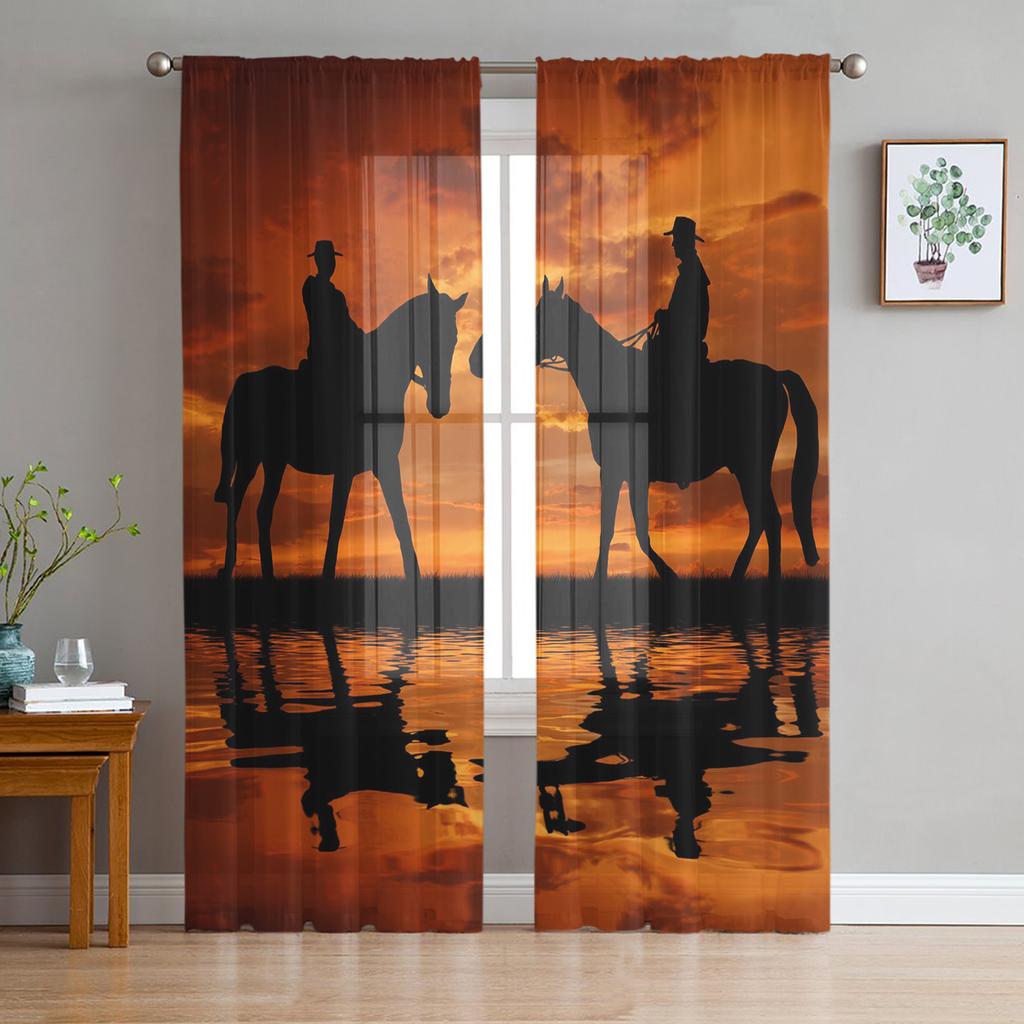 Black White Horse Watercolor Painting Tulle Sheer Window Curtains for Living Room Kitchen Children Bedroom Voile Hanging Curtain