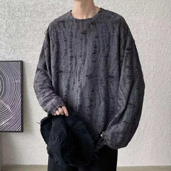 Мужская футболка с круглым вырезом, длинным рукавом, рваными отверстиями, однотонный джемпер, топы в уличном стиле, базовый слой, уличные топы