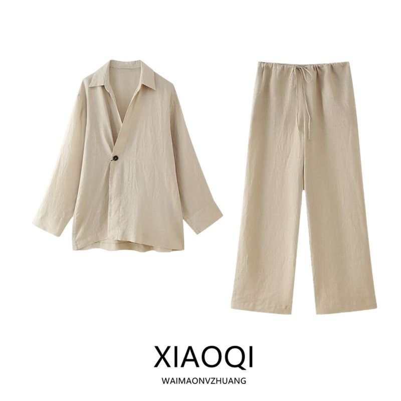 Fashion Style 2024 Summer New Arrival Women's Clothing Elegant Pure Linen Suit Outwear High Waist Straight Pants 6046582