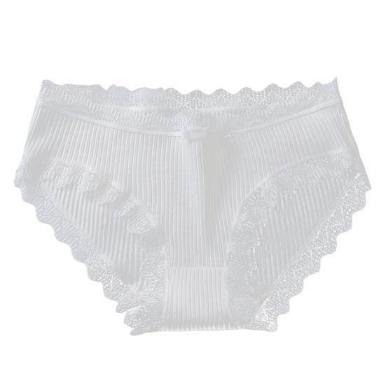 Women Underpants Thread Mid Waist Lace Edge Solid Color Elastic Cotton Crotch Moisture-wicking Stretchy