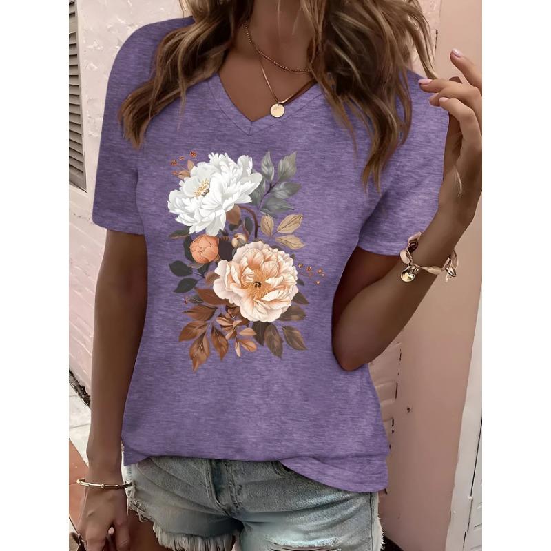 Women's T-Shirt Floral Pattern Printing Fashion Casual Oversized High-Quality Tee Shirt V-Neck Women's Clothing Summer