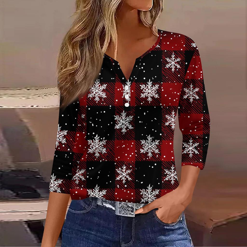 Women's Fashion Casual Christmas Tree Print V-Neck Decorative Button Three-Quarter Sleeve T-Shirt Top