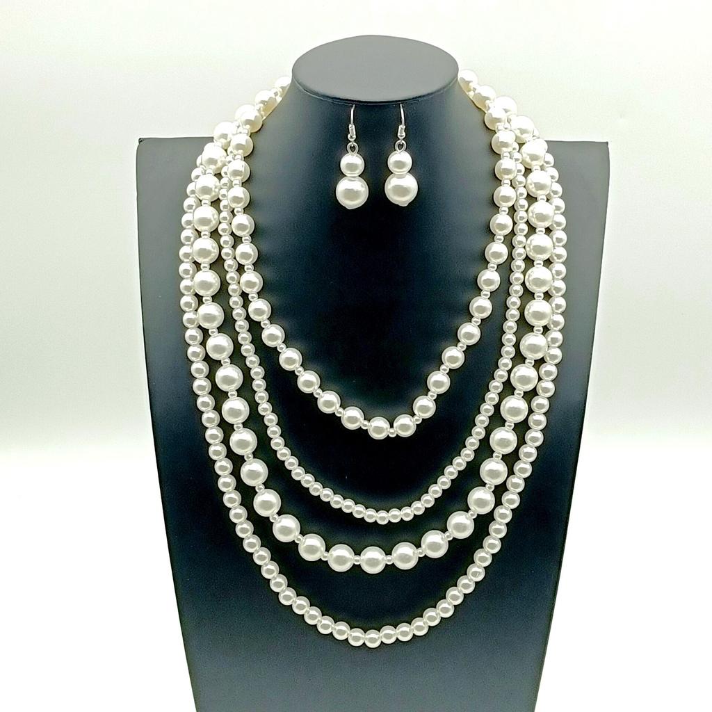 Европа и США горячая распродажа модный простой многослойный жемчужный комплект ожерелья и серег для бала
