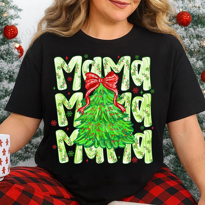 Women Fashion T Shirt Christmas Mama Print Funny Tops Womens Casual TShirt Christmas Holiday Xmas Party Tee Aesthetic Clothes