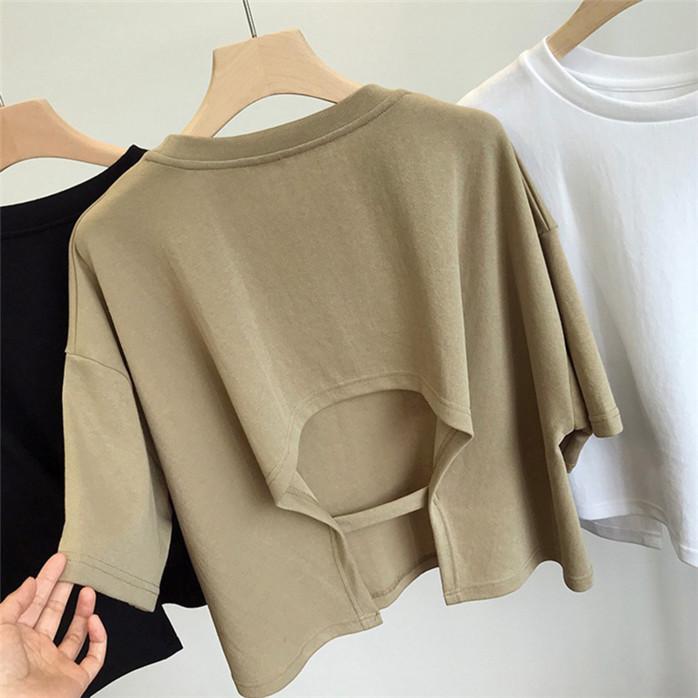 Корейский стиль с коротким рукавом женские выдалбливают крутые однотонные укороченные летние повседневные футболки