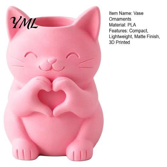 Modern Minimalist Room Decor 3D Printed Cat Vase, Cute Smiling with Heart?Hand Gesture Flower Holder, Multi Purpose Desk Accessories Animal