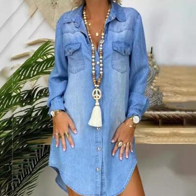 Модное повседневное джинсовое платье-рубашка с длинным рукавом, женское синее однобортное свободное короткое платье размера плюс, модное летнее элегантное вечернее платье 582