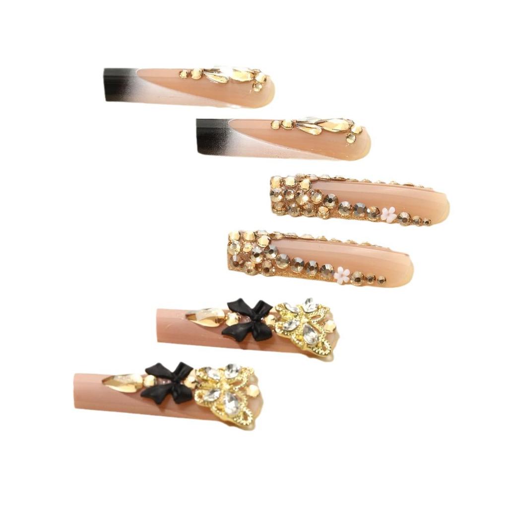 Европейско-американские черные типсы с бабочками 3D, съемные, носимые накладные ногти - прямоугольные средней длины