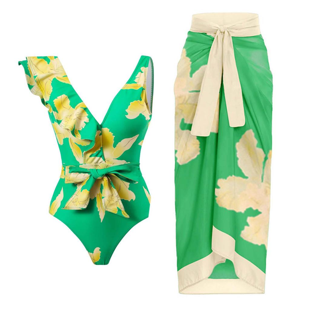 New Sexy One-piece Swimsuit Women's Retro Ruffle Chiffon Skirt Swimsuit Set