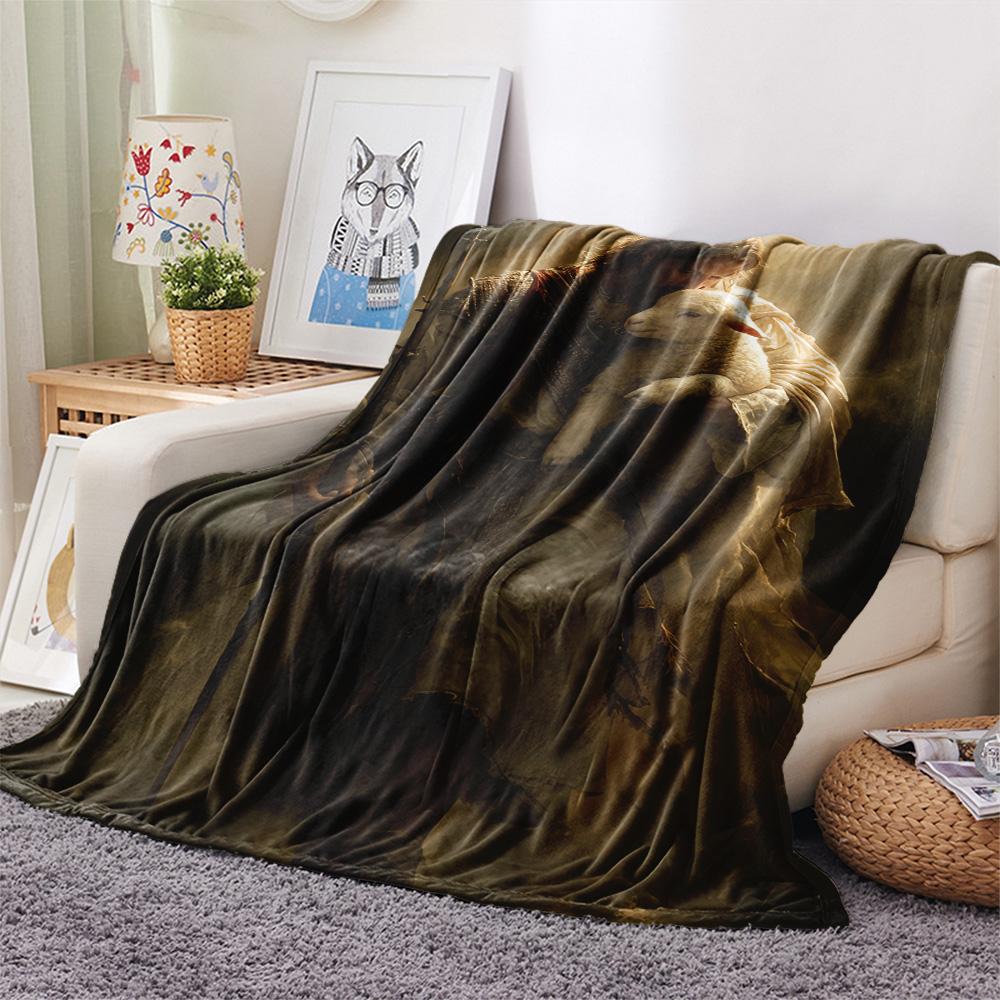 1Pc God Print Flannel Blanket, High quality Comfortable for All Seasons, Home Decor, Warmth and Comfort, Perfect for Christmas Gifts