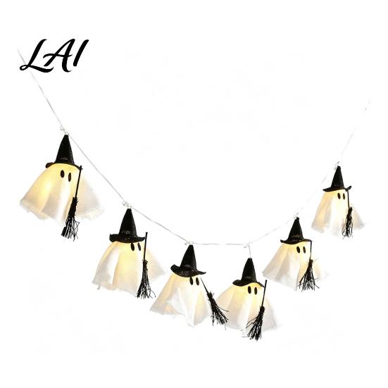 Cute Spooky Home Decor Halloween Ghost String Light Hanging Fabric with Wizard Hat Battery Operated Ghosts Glowing Fairy Lights for Fireplace Party