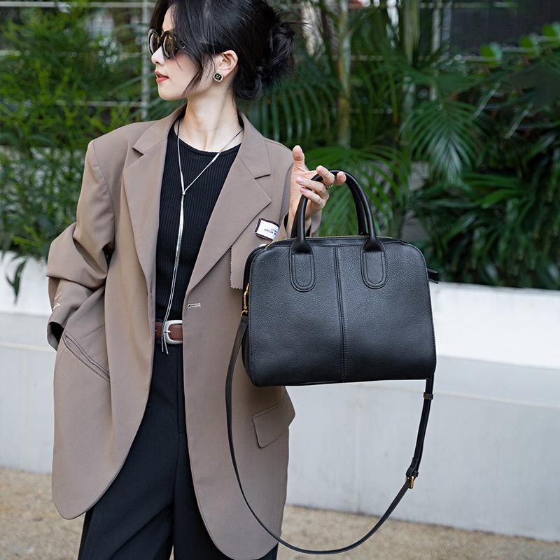 Top Layer Cowhide Boston Bag Large Capacity Commuting Leather Shoulder Bag Women's Handbag New