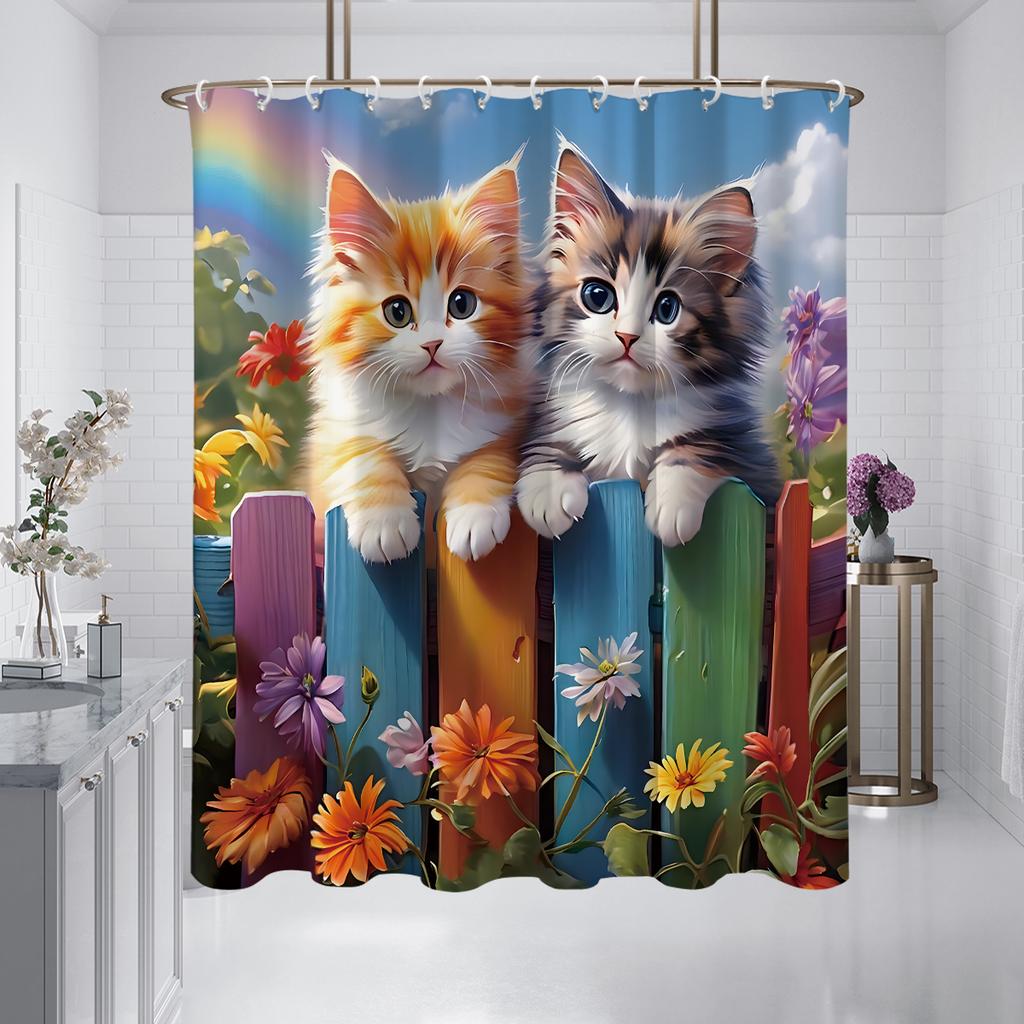 1PC Spring Day, Cat Pattern Printed Shower Curtain, Waterproof, with 12 Hooks, for Bathroom Showers, Bathtub, Home Use