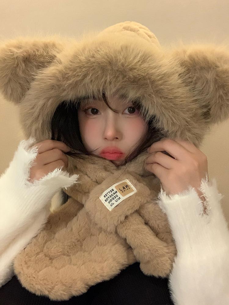 Плюшевая шапка-медведь женский зимний шарф интегрированный теплый утолщенный шарф милый холодный зимний защита ушей комплект из двух предметов