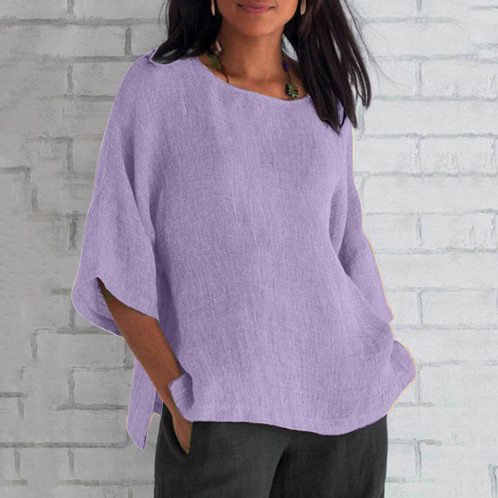 Women's Fashion Half Sleeve Round Neck Solid Colour Loose Casual Shirt Top
