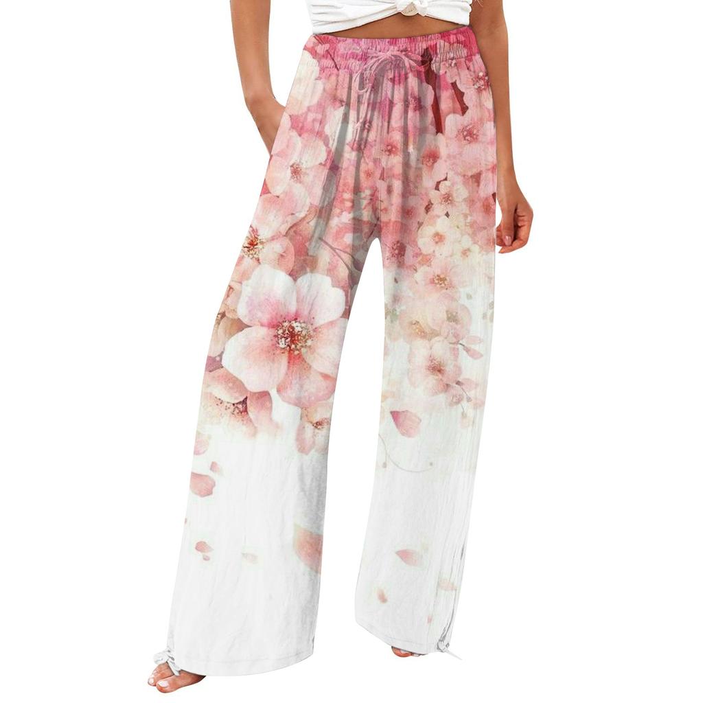 Брюки для женщин. Летние струящиеся брюки с высокой талией и широкими штанинами с принтом. Повседневные брюки.