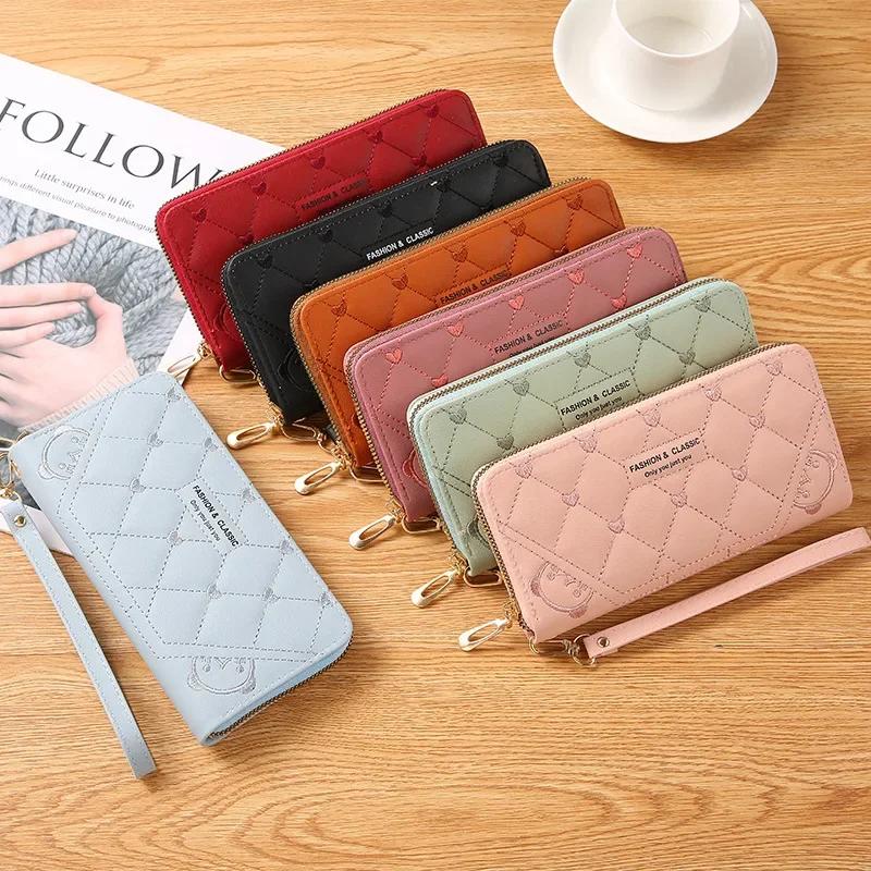 New Long Short Wallet Women's Fashion Credit Card Bag Purse Zipper Handbag Embroidered Heart Mobile Phone Money Coin Bag Case