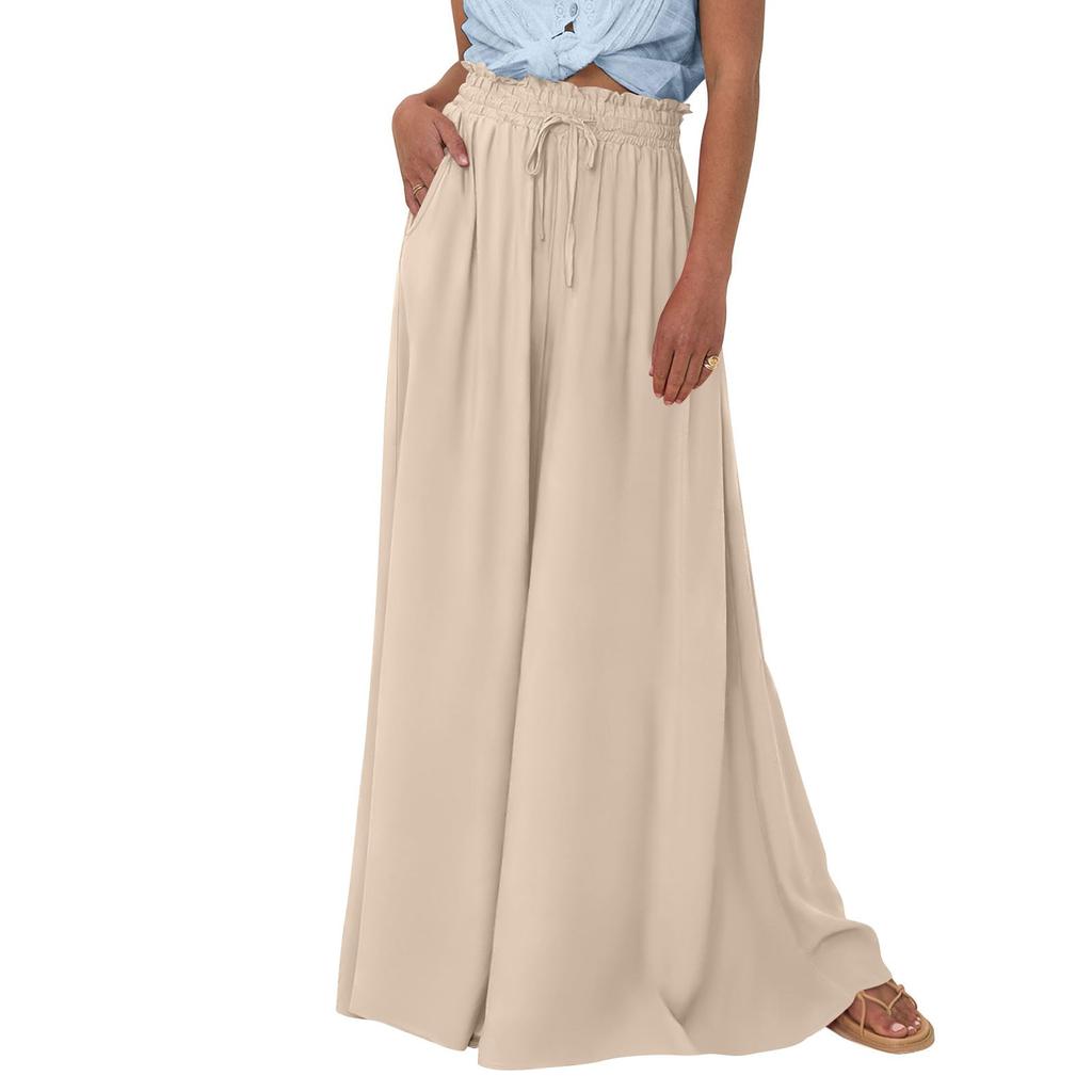 Women High Waisted Wide Leg Pants Summer Casual Flowy Palazzo Pants Solid Beach Trousers With Pocket