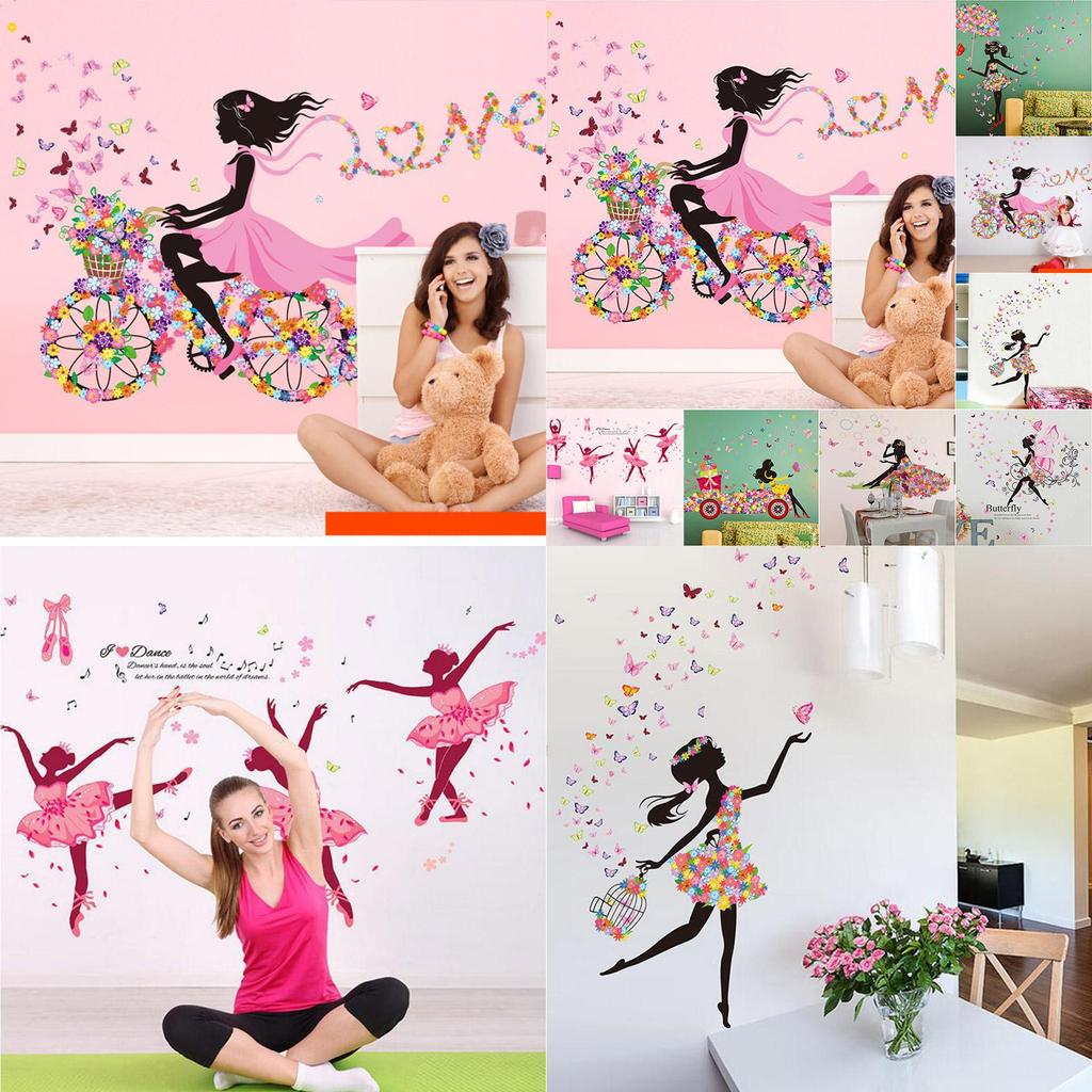 Очаровательные ПВХ наклейки на стену с рисунками девочки, бабочек и цветов для детской комнаты