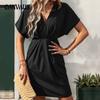 Летнее женское платье с v-образным вырезом, элегантное черное платье с коротким рукавом и рукавом «летучая мышь»