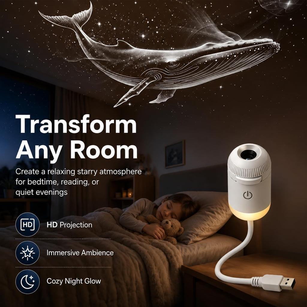 Holographic Night Light Projector 5D HD Galaxy Starry Sky with 360 Rotation 12 Replaceable Films Adjustable Brightness USB Plug in for Bedroom K