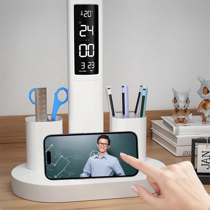 Светодиодные часы, настольная лампа, USB-зарядка, регулируемая яркость, складная защита для глаз, настольные лампы для чтения, ночники, освещение для учебы