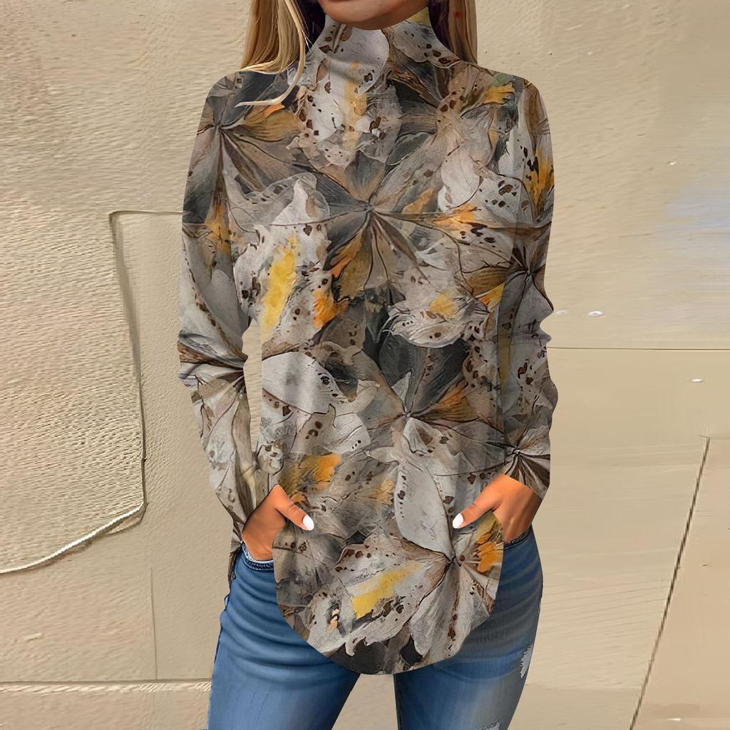 Женская модная повседневная футболка с длинным рукавом с высоким воротом и принтом, пуловер, топ