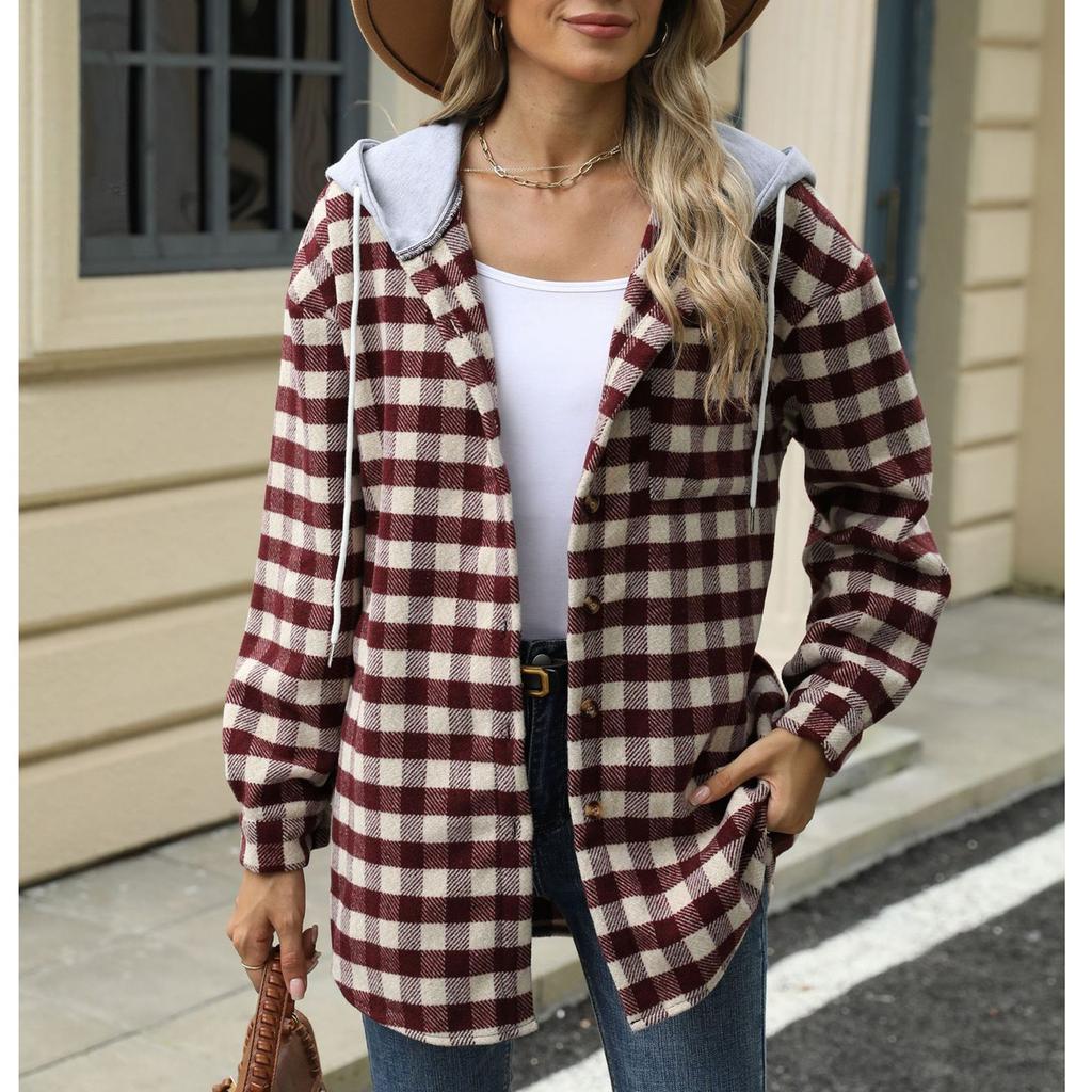Женский свободный повседневный клетчатый топ с капюшоном и однобортным шерстяным пальто